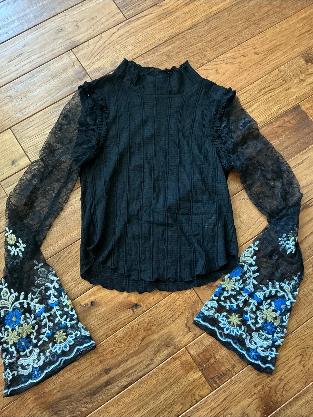 Free People Black Shirt with Black Lace Blue and White Floral Bell Sleeve, S